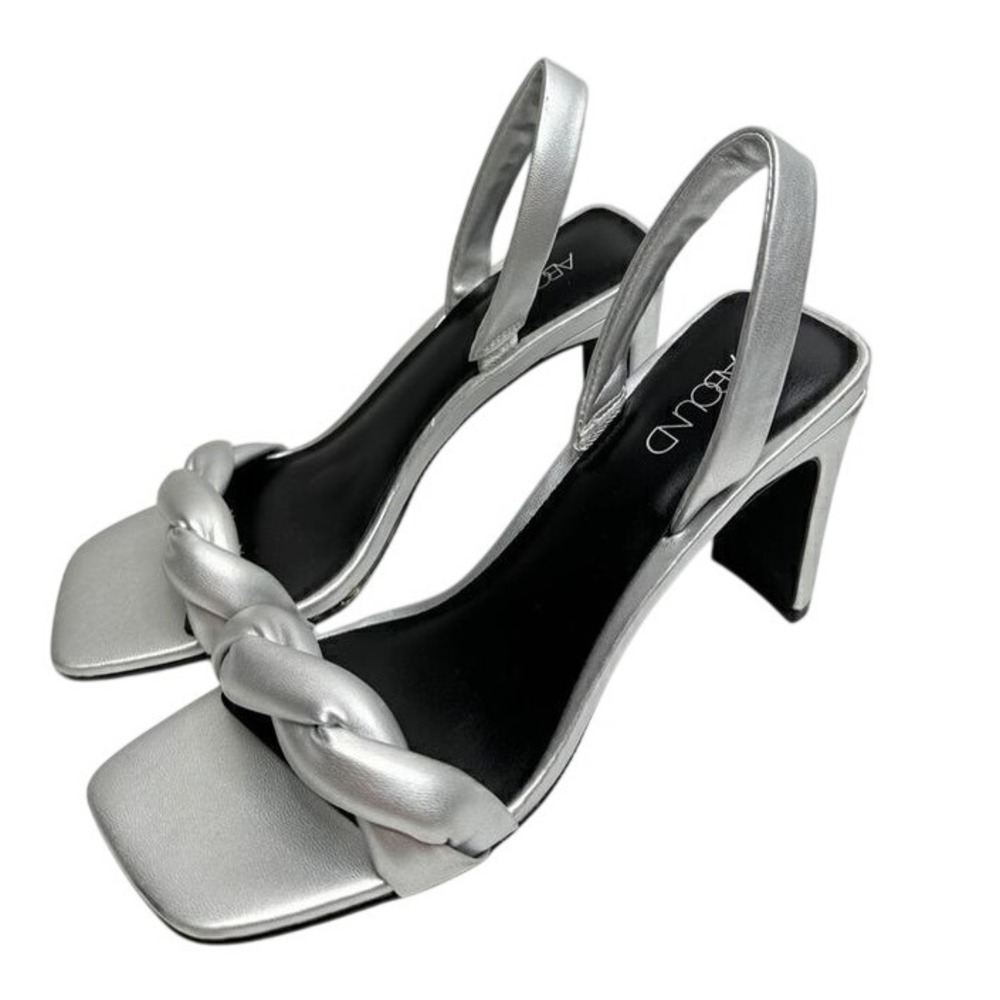 Abound Abryleigh Silver Metallic Braided‎ Square Toe Block Heel Sandals 5.5M